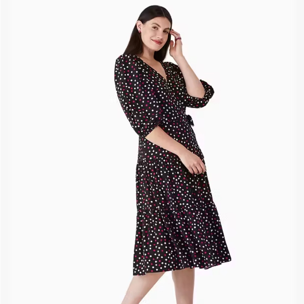 Kate Spade Black Polka Dot Dress Wrap Dress Size XS 2 Ruffle Pink Midi